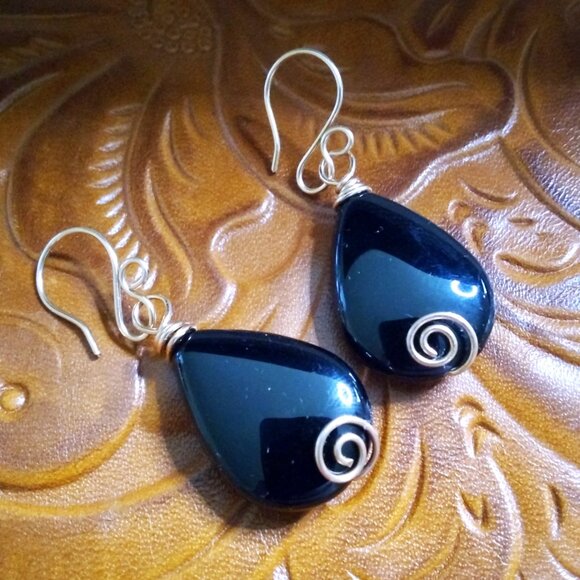 Soul Cleansing: Massive Black Agate Teardrop Dangle Earrings! Calmness +Strength - Picture 2 of 10